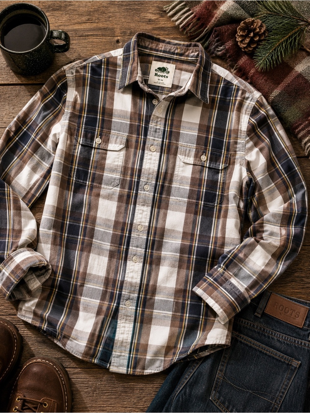 Roots Brown Plaid Button Down Shirt Men’s Medium Cotton Long Sleeve‎